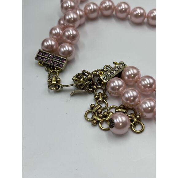 Heidi Daus "Beaux Arts" Pink Pave Crystal Bow Pearl Beaded Two Strand Necklace - Picture 13 of 15